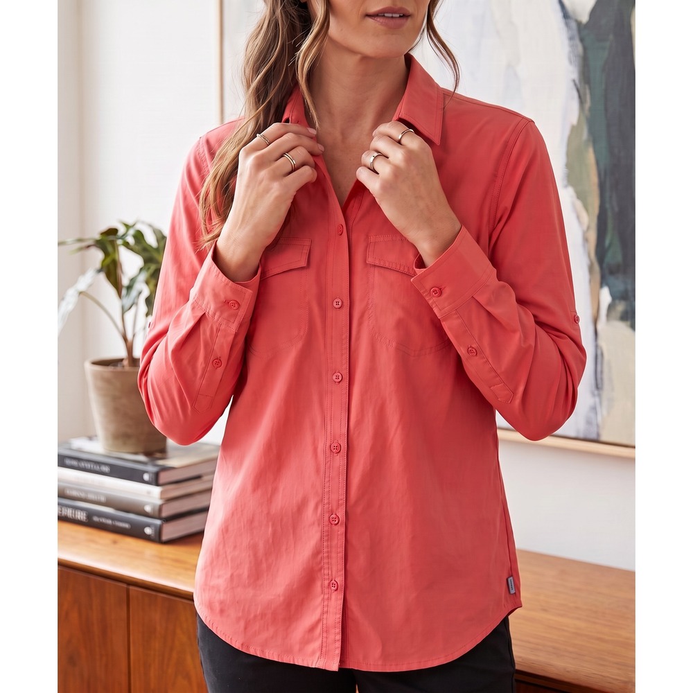 Eddie Bauer Womens Classic Fit Roll Tab Sleeve Button Down Shirt Coral Pink M